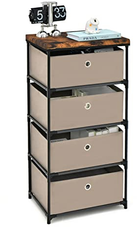 COSTWAY Nachttisch mit 4 Schubladen, Beistelltisch mit Metallrahmen, Kommode, Aufbewahrungsschrank, Stoffkommode für Schlafzimmer, Wohnzimmer, Flur, 42 x 33,5 x 84,5 cm (Braun)