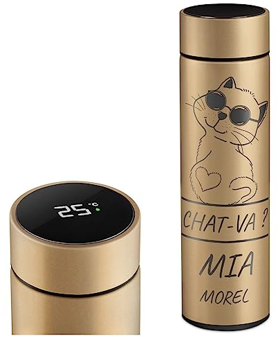 Maverton Mug Isotherme personnalisé pour femmes - Tasse en inox avec Afficheur de température LED - Thermos avec gravure pour maman - amie - pour anniversaire - original - Chat