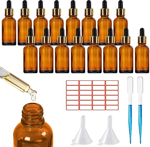 SuQurtom 16 x 30ml Amber Dropper Bottle, Glass Dropper Bottles with Dropper Pipettes, Refillable Sample Dropper Bottles with Funnel and Label, for Essential Oil, Perfumes, Aromatherapy (Amber)