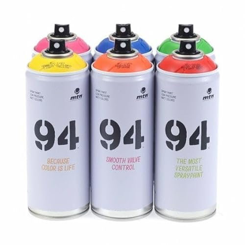 Montana Graffiti Pack 6 x 400 ml Montana Colores 94 Colores Primarios + 3 Tapas de Repuesto - Amarillo, Rosa, Naranja, Azul, Verde, Rojo