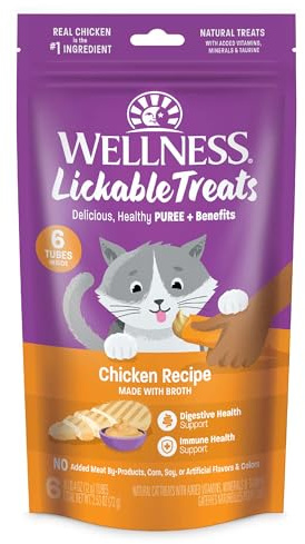 Wellness Lickable Treats Soft Puree Natural Grain Free Adult Cat Treats, Chicken Recipe, Contains 6-0.4 Ounce Squeezable Tubes