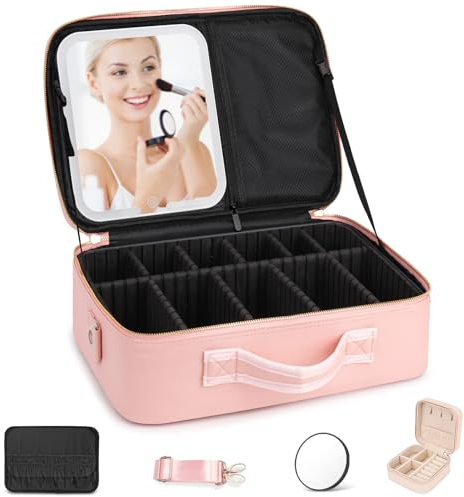 Kosmetiktasche Mit Spiegel Make Up Tasche: 37 * 26CM Kosmetikkoffer - Reise Kosmetiktasche Damen Schminktasche Mit Spiegel Und licht - Professionelle Schminkkoffer Mit Verstellbaren Trennwänden