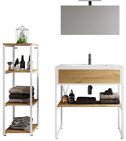 VCM Mueble Lavabo 4 Piezas Conjunto Mueble baño Lavabo Madera Metal Estilo Industrial Bitila 80 V1 Roble Blanco/Miel