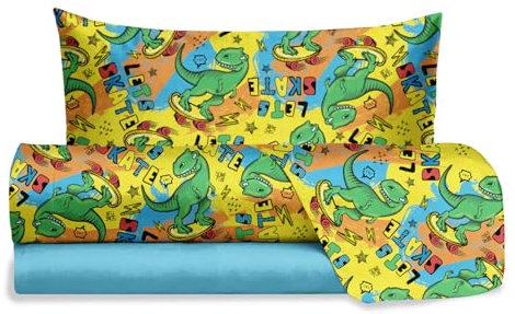 hermet Jolly, Set Lenzuola Letto Singolo Dinosauro, 100% Cotone, Lenzuolo Sopra + Lenzuolo con Angoli + Federa, Completo Letto Fansatisa Cameretta