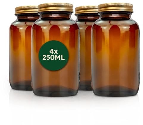 Nature Basics Vorratsdosen Glas Set - 4 x 250 ml/Braungläser mit Gewinde und dicht schließendem Aludeckel/zur Aufbewahrung von Lebensmitteln & Kosmetikartikeln/Luftdicht & Spülmaschinenfest