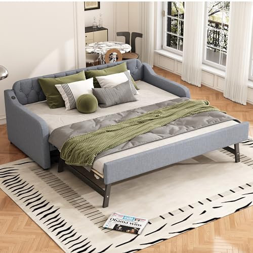 Merax Polsterbett 90x200cm mit Ausziehbett, Erweiterbares Tagesbett mit USB-Anschluss, Doppelbett Bettgestell mit Lattenrost, Schlafsofa Gästebett Jugendbett, Leinenmaterial, ohne Matratze, Grau