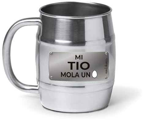 mundohuevo® Jarra de cerveza personalizada acero inoxidable 304 | Regalo original para tios | Mi tio mola un huevo | Color plateado aspecto barril | Capacidad 500 ml.