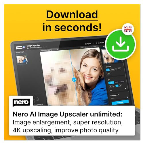 Nero AI Image Upscaler Unlimited | AI | Enhance + Sharpen Images | Upscale to 4K | Improve Photo Quality | Windows 11 / 10 | 1 Device | Unlimited licence | Activation code per email