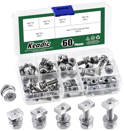 Keadic Lot de 60 vis et écrous M6 x 10/12/16/18/20 mm en acier inoxydable 304 pour batterie ATV Boulons Moto Batterie Bornes avec écrous carrés pour ordinateur automobile