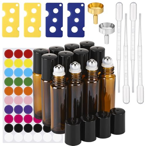 dusaniyali 10ml Roll on Glasflaschen Set,12 Stück Braune Flasche Leer Nachfüllbar Rollon Flaschen für Öle mit Edelstahl-Ball, Trichter, Öffner, Etiketten, Pipetten,für Lotionen,Parfüm,Massage