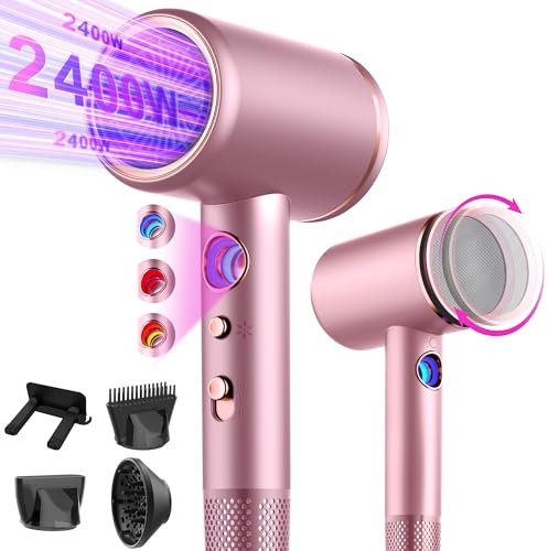 Föhn,Fön,Haartrockner Profi Ionen mit AC Motor 2400W Reisefön Diffusor|Haarfön 4-in-1|Heiß-/Kalttaste|3 Heiz&3 Geschwindigkeitsstufen|Hair Dryer mit Schnelle Aufheizung& Konstante Temperatur Pink