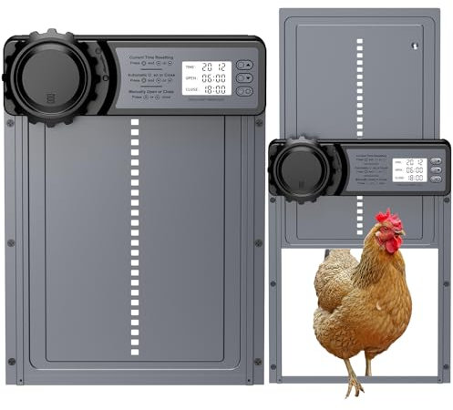 CHAMUTY Porte Poulailler Automatique Batterie avec Écran LCD Programmable Étanche, Porte Automatique Poulailler en Aluminium avec Minuterie, Fonction Anti-pincement, Ouvre-Porte Vertical, Gris