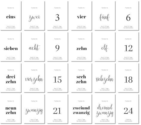 PuK Adventskalender zum Befüllen | 24 Tüten zum Selbstbefüllen | Karten schwarz weiß zum Beschreiben | Adventskalender mit Tüten | selber basteln | DIY Adventskalender Erwachsene (nur Karten)