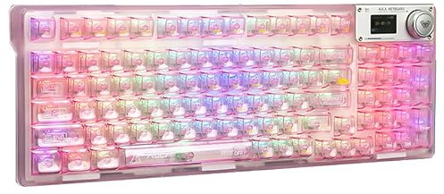 AULA Teclado mecánico inalámbrico F98 Pro con teclas transparentes, intercambiables en caliente, interruptores lineales prelubricados, estructura de junta, retroiluminación RGB, pantalla OLED, BT5.0