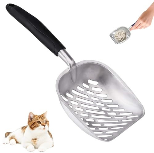 katmerio Katzenschaufel, Antihaft-katzenstreuschaufel, Robustem Aluminium Sieb für Katzen, Katzenschaufel für Katzenklo, Langlebige Metall Katzenklo Schaufel für Haustier Katzen Kätzchen - Schwarz