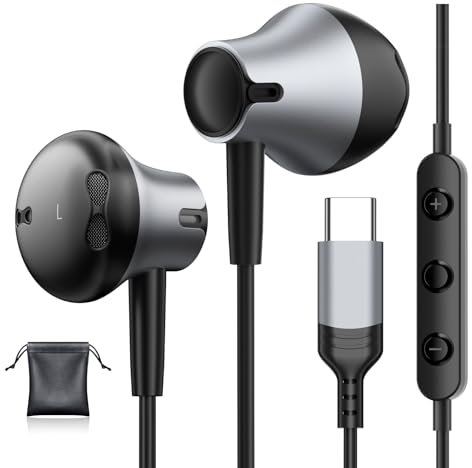 USB C Headphones Wired for Samsung Galaxy S25/S24 Ultra/S23/S22 FE/A55 with Mic Earphones for iPhone 16 15 Pro Max, Volume Control Stereo Noise Cancelling Wired Earbuds for Google Pixel 9 Pro