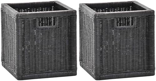 korb.outlet Set / 2 Regalkorb mit Holzrahmen Rattan Schubfach Box zur Aufbewahrung Schrankkorb Griff (Schwarz, Set 28x29x30)