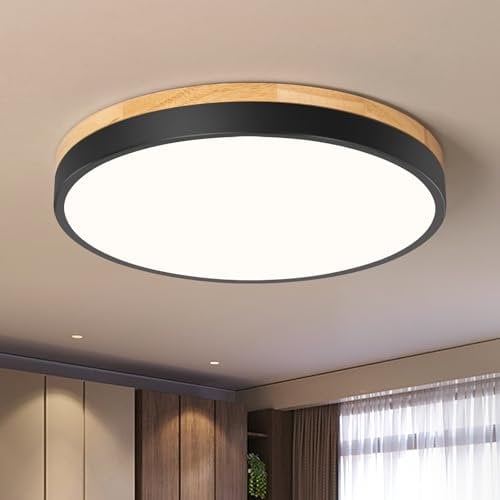 Vikaey Deckenlampe, LED Deckenleuchte Schwarz, Wohnzimmerlamp 30cm, Lampe Deck mit Holz für Wohnzimmer Schlafzimmer Küche Esszimmer Flur