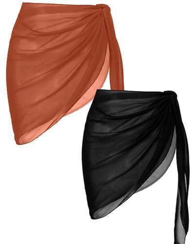 AVAYUU 2 Stück Damen Strand Wrap Sarong Vertuschung Chiffon Badeanzug Kurz Bikini Cover up Wickelröcke Leopard Blätter Kokospalme Sexy Pareos Strandtuch Strandkleid Tücher Sommer L-XXL Braun