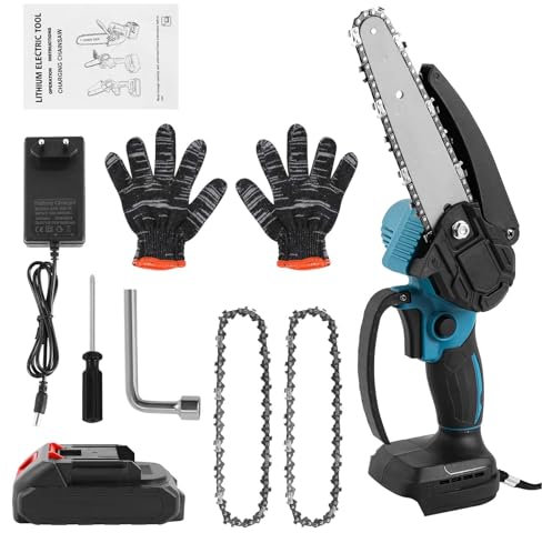 7500mAh Mini Tronconneuse a Batterie, 6 Pouces Tronçonneuse Electrique Sans Fil, 21V Tronçonneuse, 2 Chaînes, Vitesse de coupe 5 m/s, Pour le Jardin la coupe et la taille du bois (batterie*1)