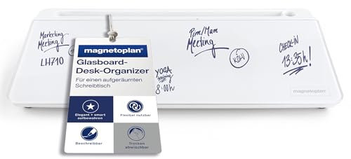 magnetoplan Glasboard Desk Organizer | Schreibtisch Organizer Whiteboard für kurze Notizen | Aus weißem Glas mit Zubehörfächern | Inkl. Boardmarker mit Löscher | BxHxT 420 x 56 x 180 mm