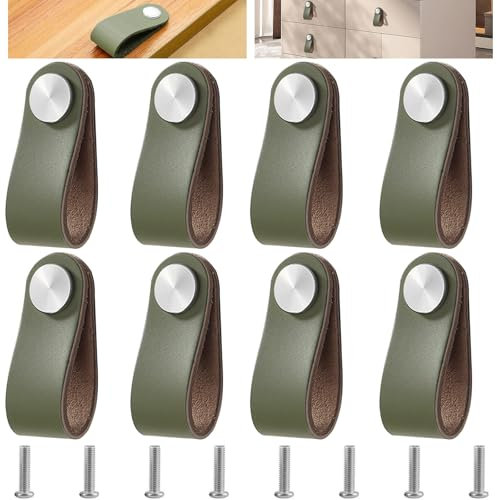 Dtoterul 8 Stück Grün Ledergriffe, Möbel Leder Möbelgriffe, Möbelgriffe Grün, Ledergriffe Schrank Türgriffe Leder für Schublade Schranktür Wohnkultur mit Schrauben