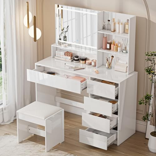 LUXOAK Hochglanz Schminktisch mit LED Spiegel und Hocker – Schminktisch Set mit 5 Schubladen & 4 offenen Fächern, weißer Kosmetiktisch mit Sitzgelegenheit für Schlafzimmer & Ankleidezimmer