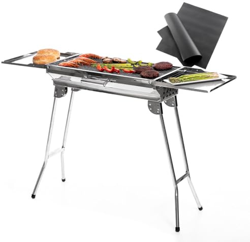 InnovaGoods® Holzkohlegrill mit Matte für Ofen und Grill, Edelstahlgrill für Kohle, Matte aus Glasfaser, Platz für Lebensmittel, 57 x 29 cm, Seitenablage für Küchenzubehör