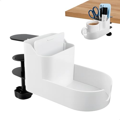 Getränkehalter Tisch, Einstellbar Becherhalter Schreibtisch, 2 in 1 getränke Halter, getränkehalter Clip, Tischseitiger Flaschenhalter für Zuhause Büro, 1 Stück, Weiß