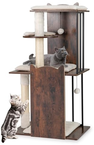 COSTWAY Albero per Gatti Alto 112 cm con Aree da Grattare in Sisal e Legno | Tiragraffi per Gatti con Palline Appese e Cuscini Morbidi Rimovibili e Lavabili, per l'Arrampicata