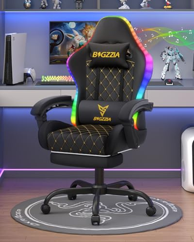 bigzzia Sedia Gaming con LED RGB e Bluetooth, Sedia da Gaming Ergonomica con Poggiapiedi, Sedie da Gioco Regolabile e Girevole con Una Capacità di Carico di 150 kg (Nero)