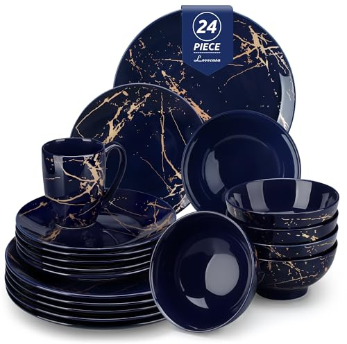 Lovecasa 24 Pieces Dinner Sets, Blue & Gold Reactive Glazed Dinner Set with Cereal Bowls, Dinner Plates, Dessert Plates and Coffee Mug, Perfect Dinner Party, Housewarming, Kitchen Home Decor Gifts