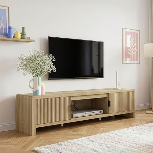 [en.casa] Mobile TV con 2 Ante e Vano Centrale Aperto Tavolino Porta TV con Foro Passacavi Stand Multimediale per Soggiorno Salotto 150x40x40 cm Effetto Rovere Medio Chiaro