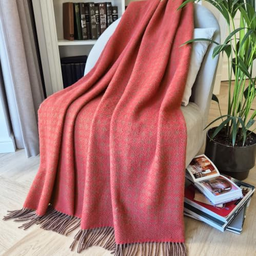 Linen & Cotton Luxus Stilvolle Decke, Tagesdecke, Wolldecke Paris, 100% Neuseelandwolle - Braun Rot, 140 x 200 cm