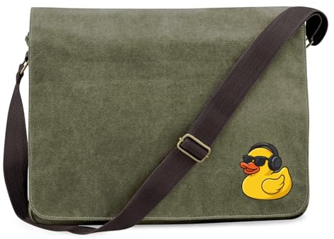 Huuraa Umhängetasche Quietscheente DJ Gummiente Club-DJ 14 Liter Military Green Canvas Laptoptasche Geschenkidee