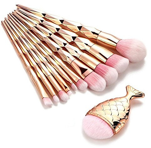 Sunnyillumine Lot de 11 pinceaux de maquillage en forme de queue de poisson en forme de queue de fond de teint, poudre, fard à paupières, pinceaux de maquillage pour femme