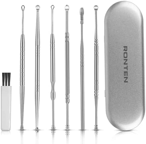 RONTEN 6-teiliges Ohrstöpsel-Set zur Entfernung von Ohrenschmalz, Edelstahl-Ohrreinigungswerkzeuge mit Aufbewahrungsbox und Reinigungsbürste, Silber