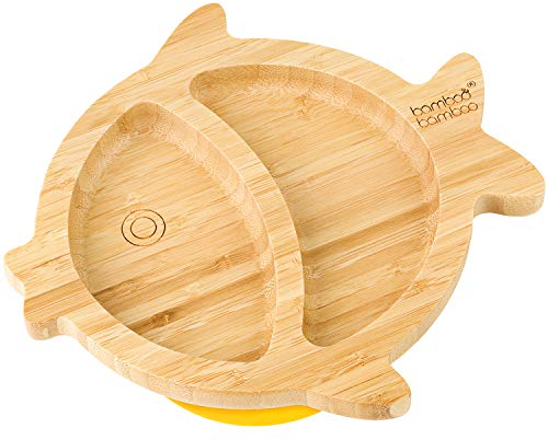 bamboo bamboo Plato Para Bebé Y Niño Pequeño, Plato De Bambú En Forma De Pez Con Succión Segura Para Alimentación Y Destete, Vajilla Antideslizante Para Bebés Desde 6 Meses (Pez, Amarillo)