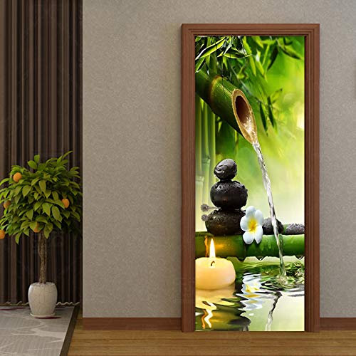 3D Stickers Porte Interieure,LMHWW Paysage De Bambou Vert Chinois Pvc Imperméable Et Amovible Poster Mural Effet Décoration Créatif Art Poster Salon Cuisine Chambre Salle De Bain Papier Peint