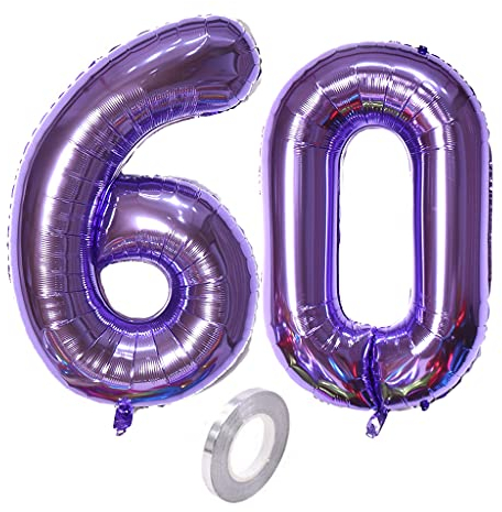 Luftballons Zahl 60, Zahl ballon 60 lila Luftballons 60. Geburtstag deko frau Folienballon 60 Zahlballons 60 lila XXXL 40 Riese Aufblasbar Helium Ballon 60 jahre Geburtstag Deko frauen lila(60)