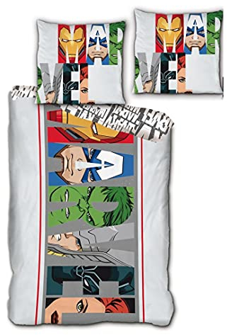 Marvel Avengers Bettwäsche-Set, Bettbezug 140 x 200 cm Kissenbezug 63 x 63 cm, Polyester