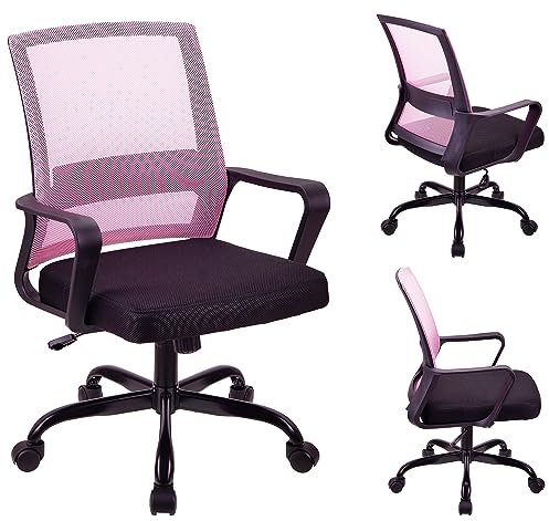 T-THREE.Adjustable office chair, ergonomic mesh swivel seat, with lumbar support, height adjustment, 360° rotation, and tilt function, mesh backrest for home office(Pink)