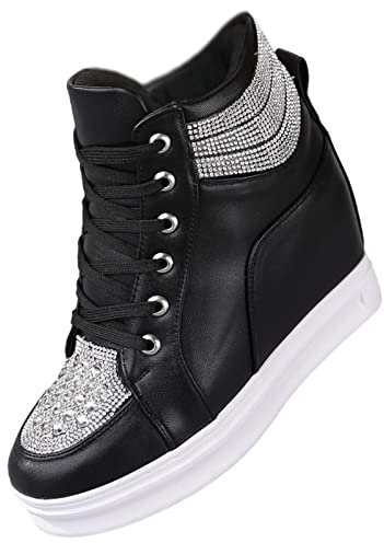 rismart Plataforma Botines Mujer Brillantina High-Top Moda Cuñas Zapatillas con Cordones Negro, 39 EU