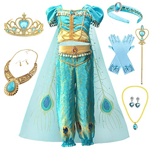 Emin Mädchen Jasmin Prinzessin Kostüm Aladdin Prinzessin Verkleidung Jasmin Kleid mit Accessoires Geburtstag Party Weihnachten Halloween Karneval Cosplay Verkleiden Grün, 100