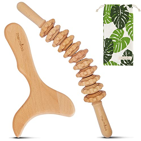 Kit Massage Corps Maderotherapie de Rouleau de Massage Anti Cellulite et Spatule de Modelage Pour le Drainage Lymphatique, Appareil Anti Cellulite, Kit de Massage Bois Avec Sac de Rangement Thermikoa