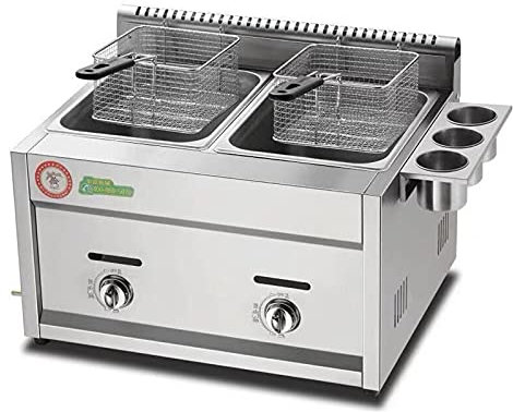 Friteuse à gaz Professionnelle, friteuse à gaz Double Cylindre 20L en Acier Inoxydable avec Panier et boîte d'assaisonnement pour Cuisine de Restaurant Commercial