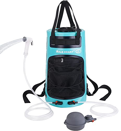 WILD HEART Campingdusche 22L Tragbare Dusche für Camping mit Druckfußpumpe und Duschbeutel-Rucksack für Camping (Türkis-1)