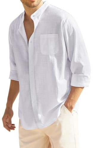 COOFANDY Mens Linen Shirt Long Sleeve Grandad Collar Beach Button Up Shirts Summer Cotton Shirt with Chest Pocket White L