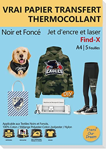 TransOurDream -5 Feuilles x A4 Papier Transfert pour tous types de Textile Noir ou Foncé(Nylon, coton, polyester, jean) -patch thermocollant personnalisé, Impression Laser & Jet d'Encre, FR-FX-5