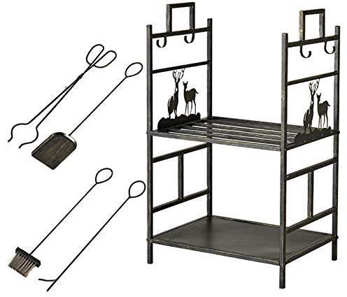 2-lagiges Kamin-Werkzeug-Set aus Schmiedeeisen, Erd-Kaminholzregal, Innen-Kaminholzhalter, 77 cm hoch, freistehende Holz-Aufbewahrungsregale, Bronze